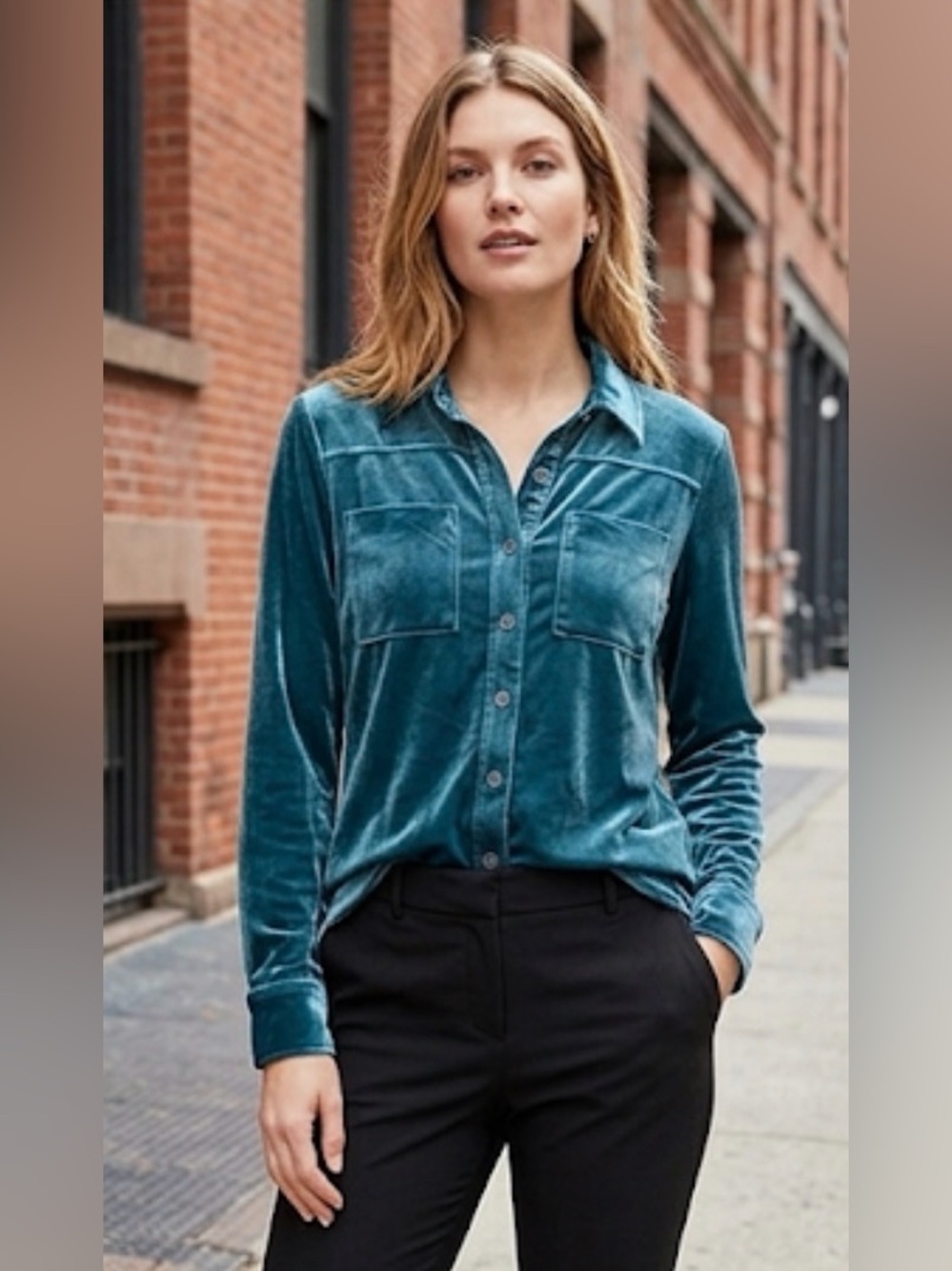 HAODUOYI Teal Velvet Long-Sleeve Shirt size medium NWOT